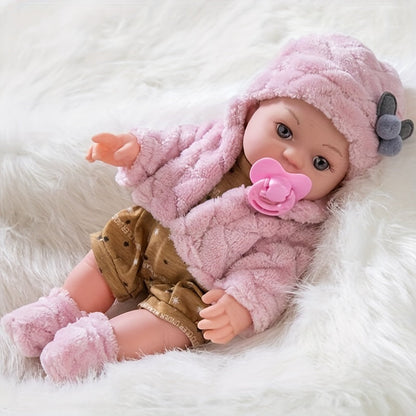 Mini Reborn Baby Doll 12 Inch Pink Plush Outfit Set – 30cm Realistic Newborn Girl Doll with Hat, Socks & Pacifier