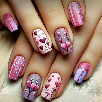 Press On Nails 96-Piece Almond Heart Glitter Four-Pack Set with Jelly Adhesive Tabs and Nail File