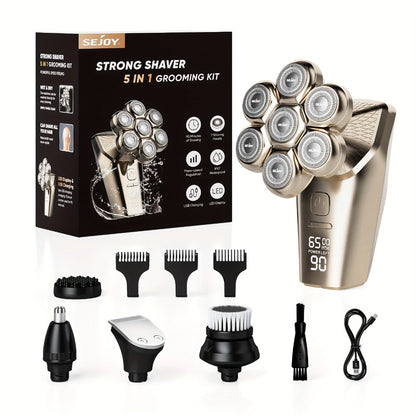 7D Head Shaver Bald Men 5-in-1 Waterproof Wet Dry Electric Razor – Type-C Rechargeable 6500-7500RPM Rotary Grooming Kit with Nose Hair