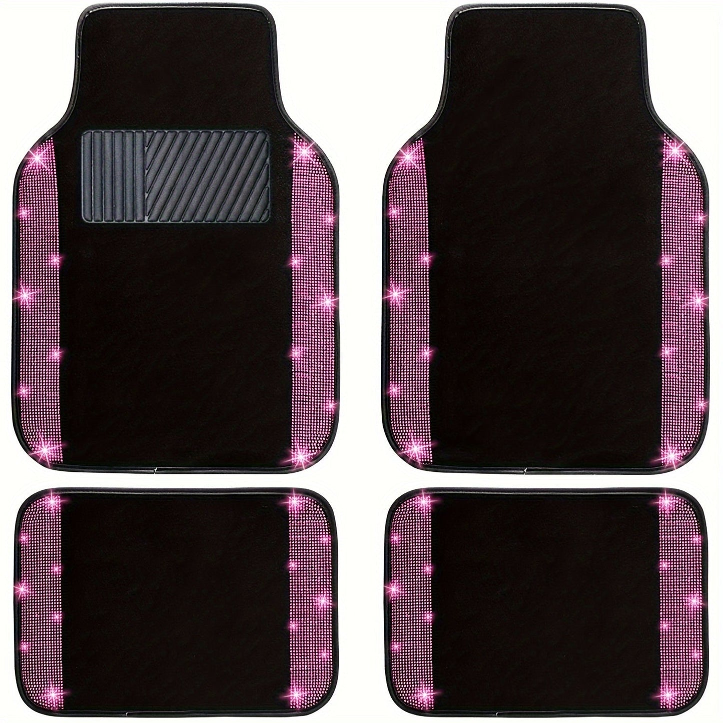 Rhinestone-Border Car Floor Mats, Four-Piece Black Carpet Set with Seven Accent Color Options