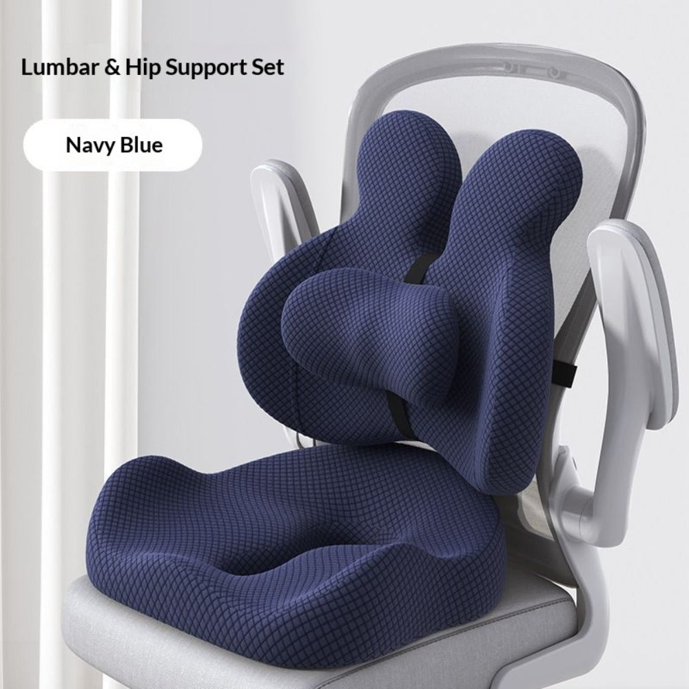 Two-Piece Contoured Seat and Lumbar Cushion Set with Adjustable Chair Straps and Three Colors