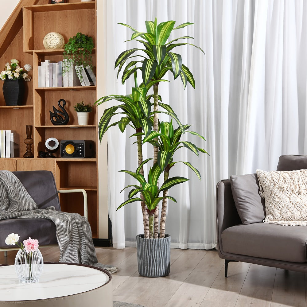 Potted Dracaena Artificial Tree with Complete 4, 5 and 6 ft Height Options and Layered Green Leaf Display