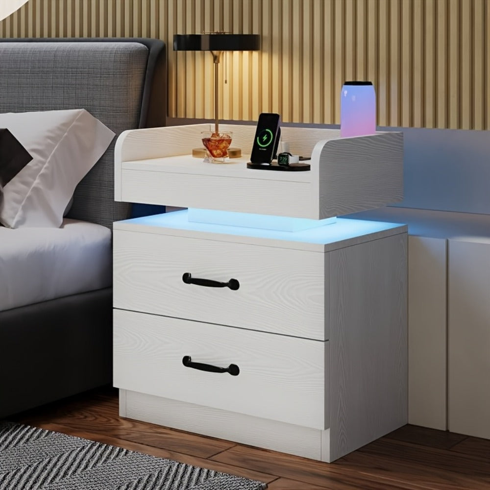 Wooden Nightstand with LED Ambient Light & Charging Station, Fabric Drawer, Blue Glow for an Everyday Personal Care Routine