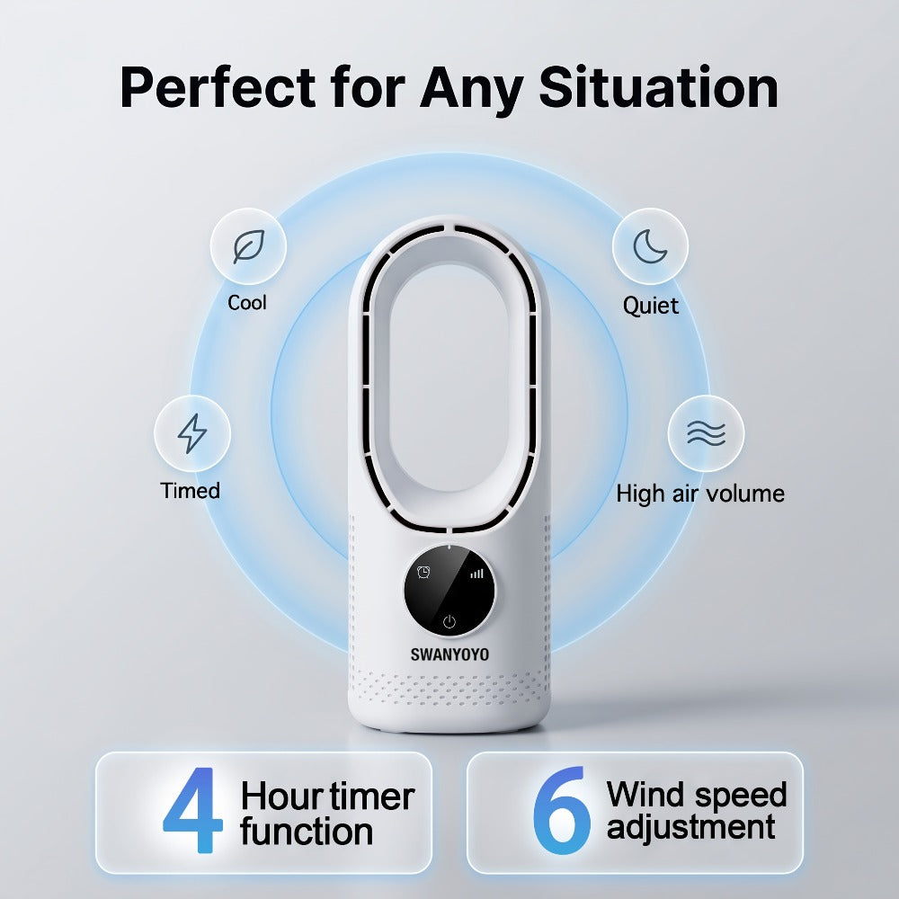 Portable Fan USB-Powered Bladeless Tower Model with Water Mist, Remote, Touch Controls and LED Light