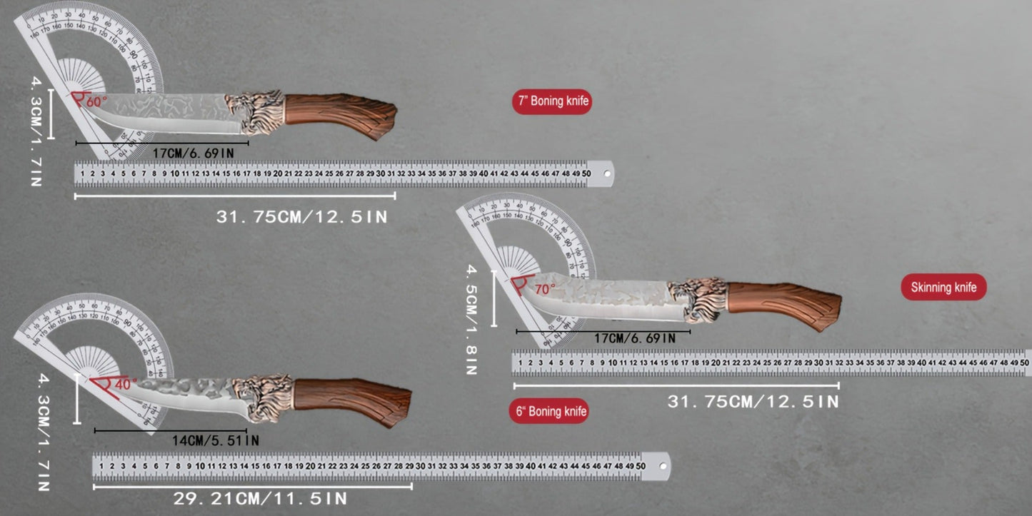 Seven-Piece Kitchen Knife Set with Six Hammered Silver Blades, Scissors and Wood-Look Handles
