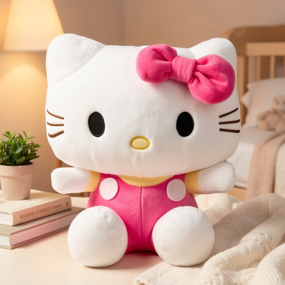 Plush Toy Kawaii Cat Doll with Pink or Blue Color Options, Bow Detail and Soft Fabric for Room Decor