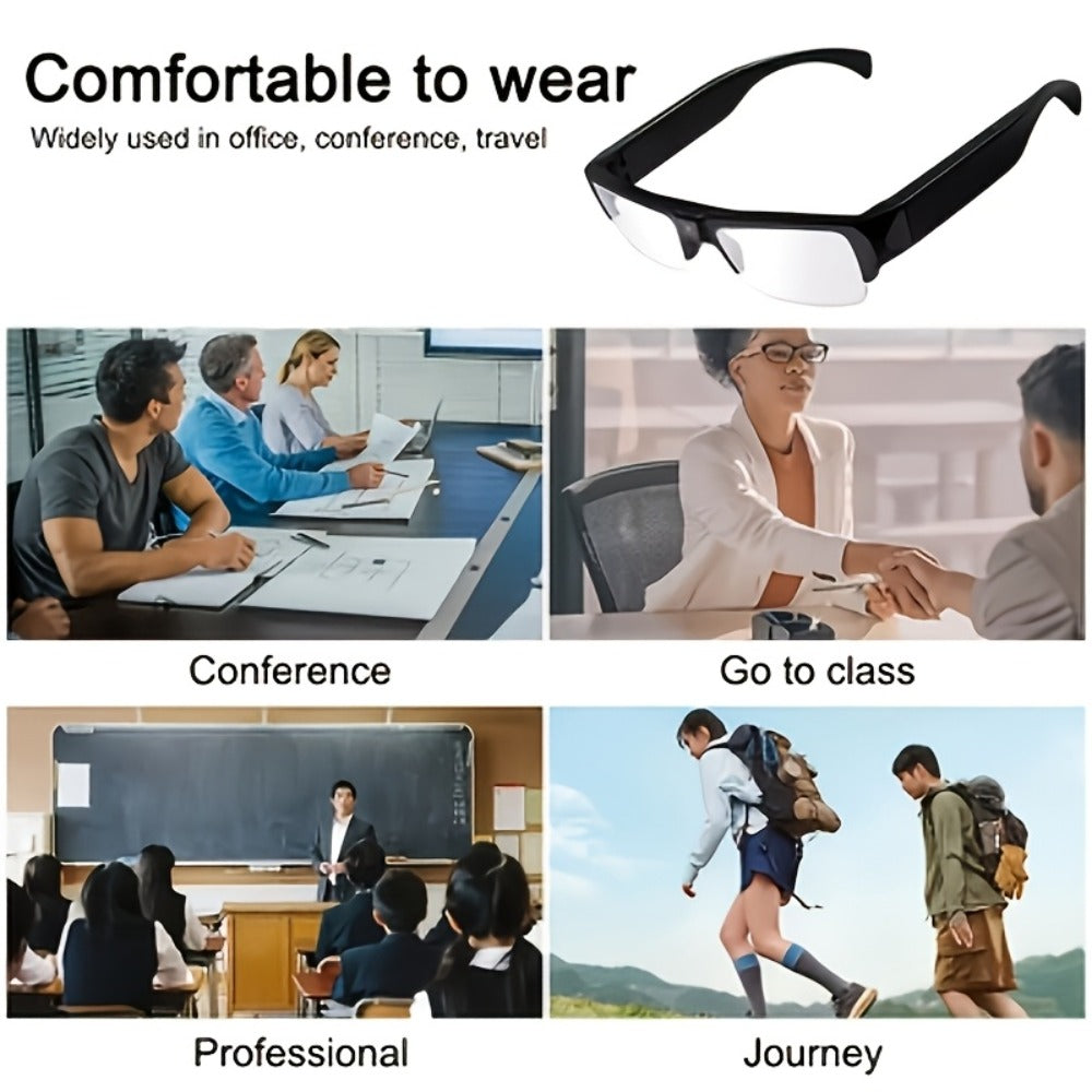 Slim Clear-Lens Camera Glasses in Black with Front Camera and 32GB or 64GB Memory Card Bundles