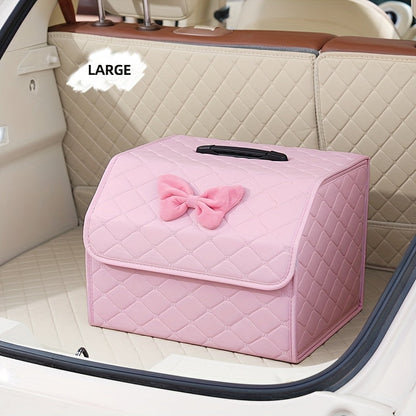 Car Trunk Organizer, Foldable Faux Leather Bow-Detail Box in 30L or 35L Size with Pink and Black Options