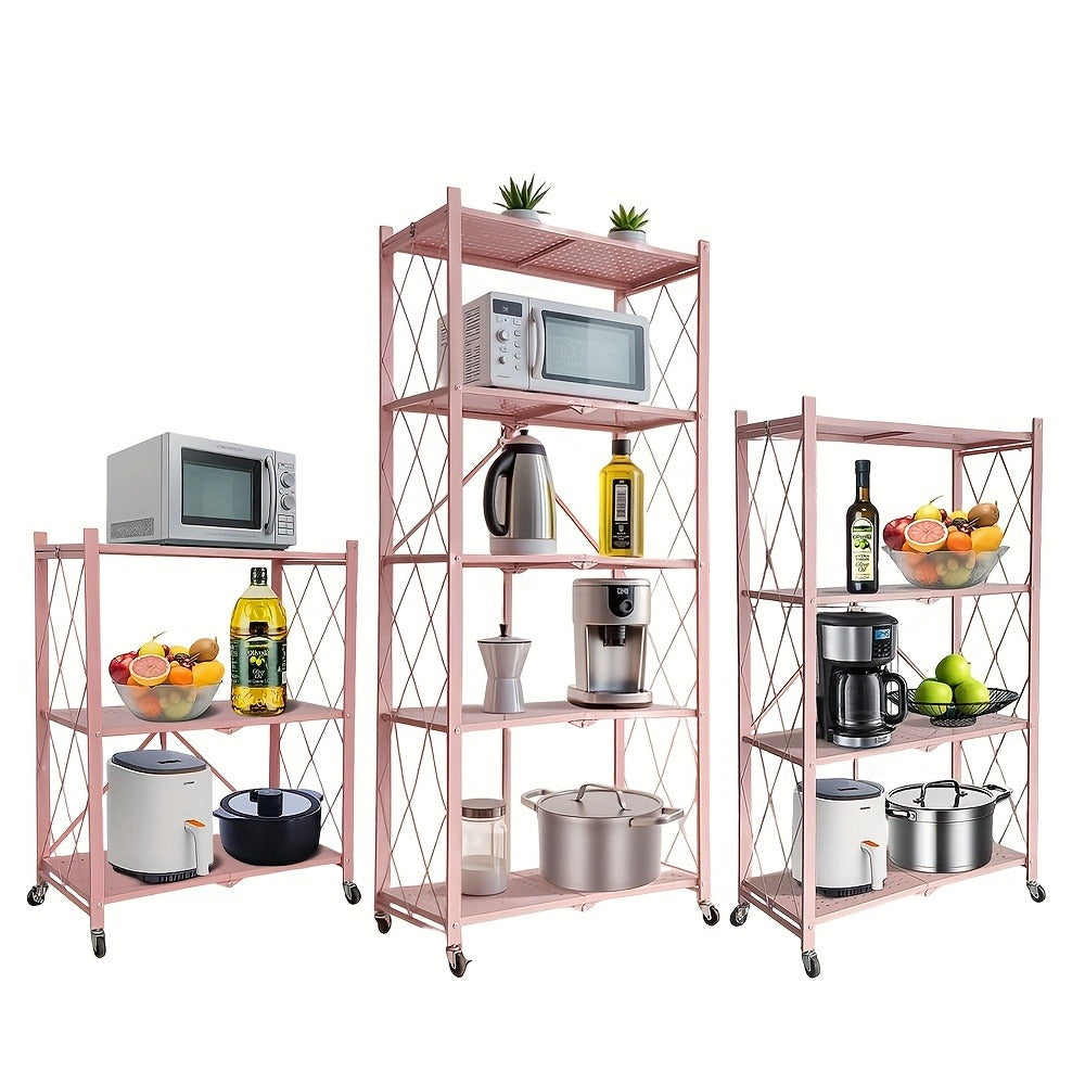Three-to-Five-Tier Foldable Storage Rack with Carbon Steel Frame, Lockable Wheels and Three Colors