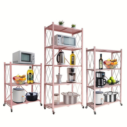 Three-to-Five-Tier Foldable Storage Rack with Carbon Steel Frame, Lockable Wheels and Three Colors