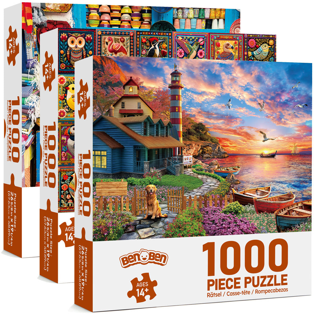 1000 Piece Jigsaw Puzzles for Adults 3 Pack – Sunset Lighthouse, Bird Crochet & Moroccan Pottery Set, Precision-Cut Brain Teaser Family