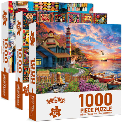 1000 Piece Jigsaw Puzzles for Adults 3 Pack – Sunset Lighthouse, Bird Crochet & Moroccan Pottery Set, Precision-Cut Brain Teaser Family