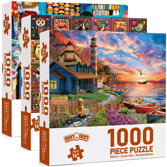 1000 Piece Jigsaw Puzzles for Adults 3 Pack – Sunset Lighthouse, Bird Crochet & Moroccan Pottery Set, Precision-Cut Brain Teaser Family