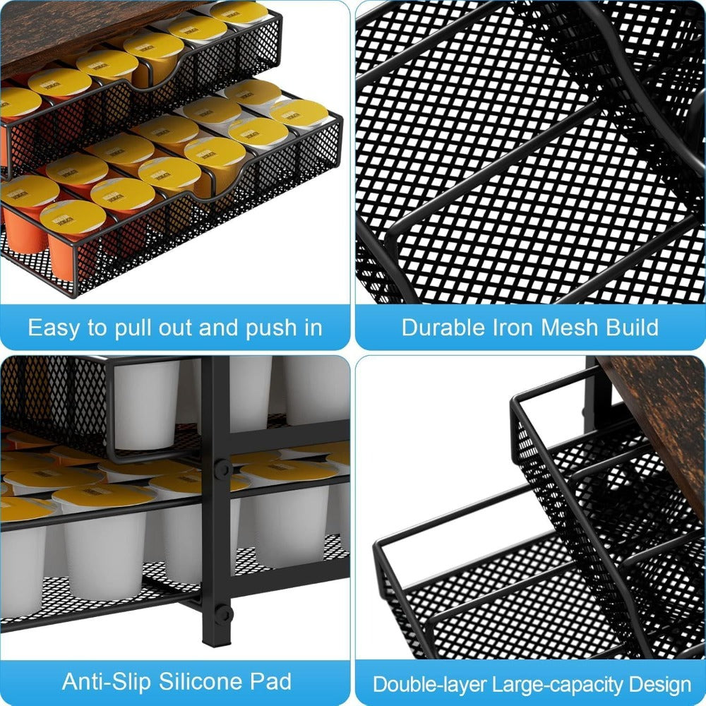 K-Cup Coffee Pod Holder 72 Capacity – 2-Tier Sliding Drawer Coffee Pod Organizer with Wood Top & Metal Frame, Non-Slip Base