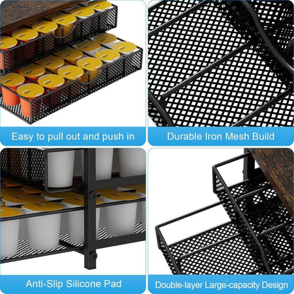 K-Cup Coffee Pod Holder 72 Capacity – 2-Tier Sliding Drawer Coffee Pod Organizer with Wood Top & Metal Frame, Non-Slip Base