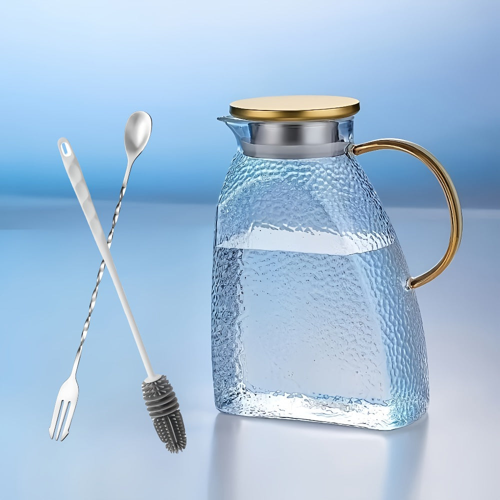 Glass Water Bottle Kettle Set – Heat-Resistant Large Capacity Fridge Door Storage with Cleaning Brush & Long Spoon – Perfect for Iced Tea