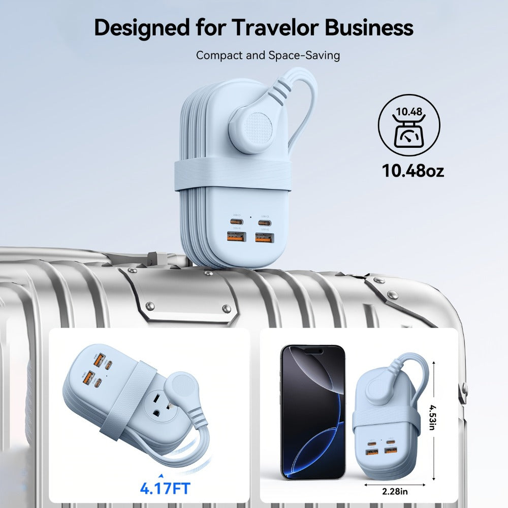 GaN 65W Portable Power Strip Fast Charging - 3 AC Outlets, 2 USB-C & 2 USB-A Ports, Flat Plug, 50-inch Cable