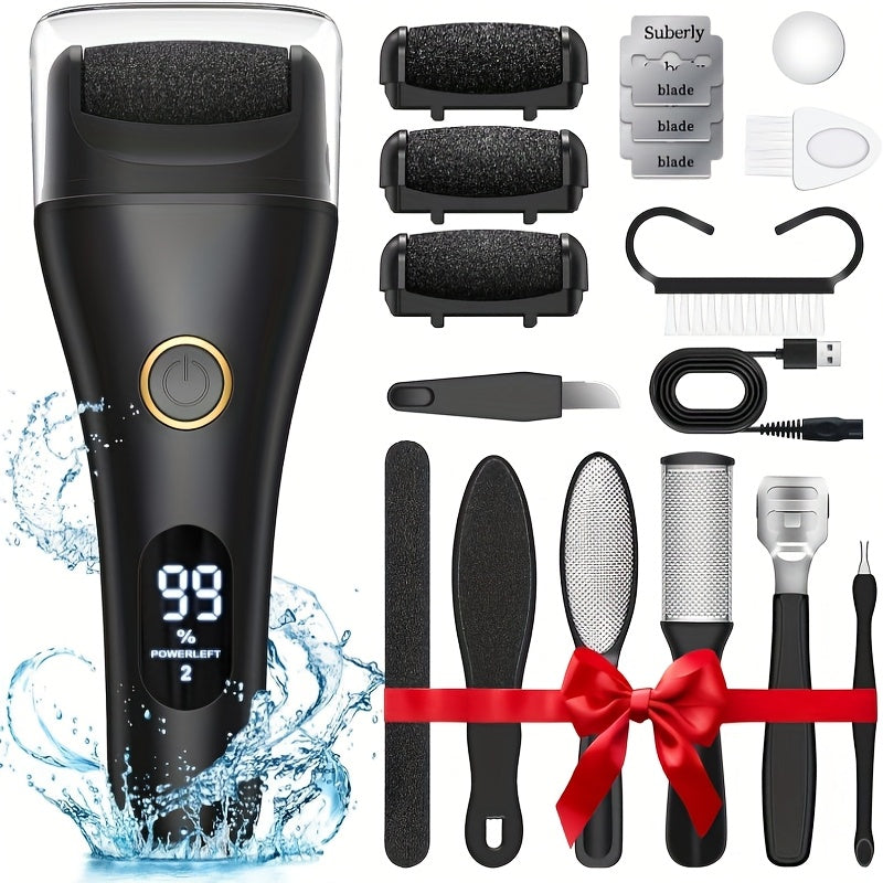 Electric Pedicure Foot File 10-in-1 Kit, Rechargeable with Digital Display, 3 Roller Heads