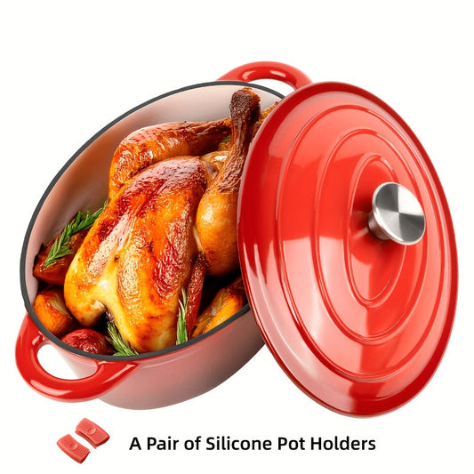 3.5L Enameled Cast Iron Dutch Oven with Oval Body, Fitted Lid, Handle Covers and Five Colors