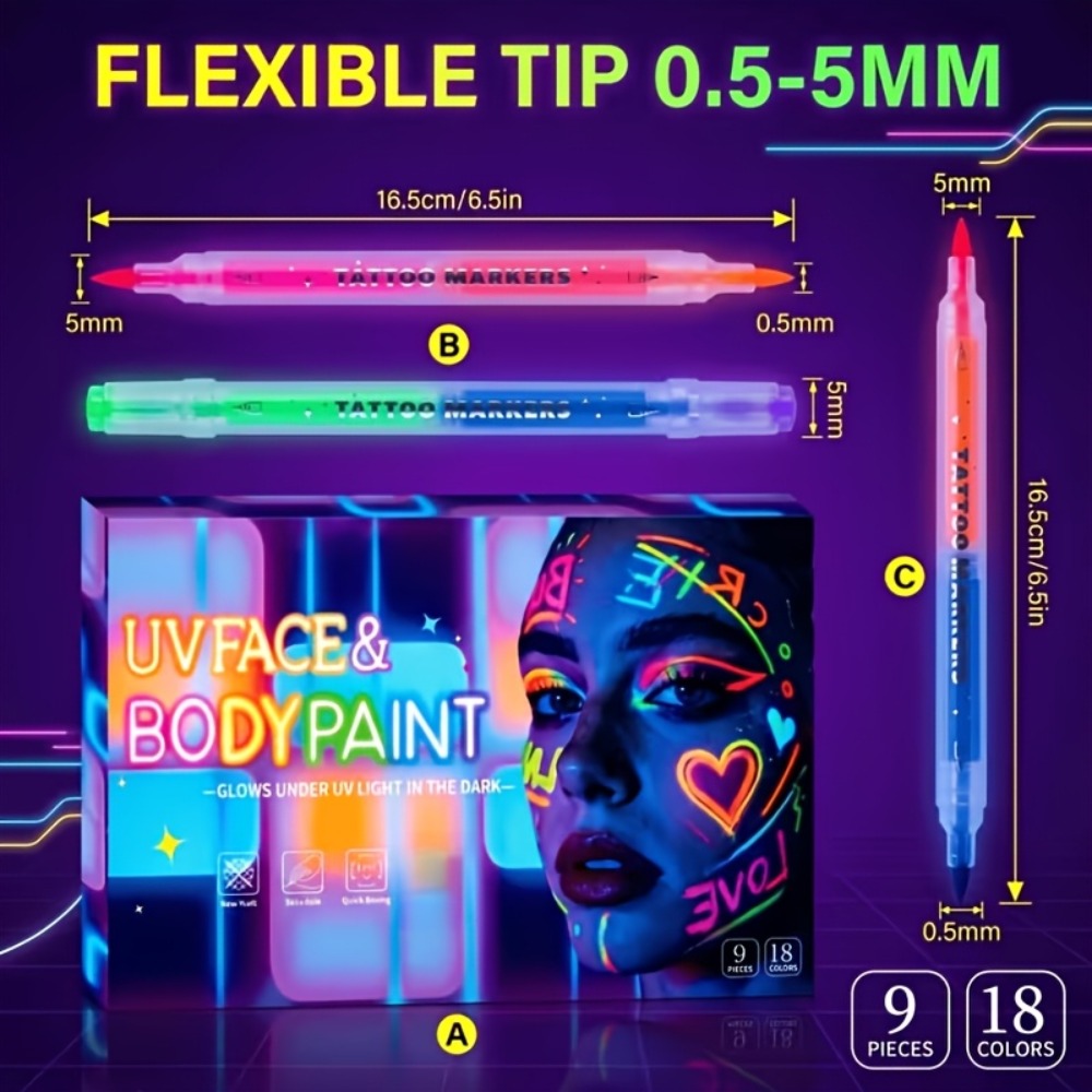 Face Body Paint Pens 18 Colors with Reusable Stencils, Washable Neon Glow in the Dark Skin-Safe Makeup Pens