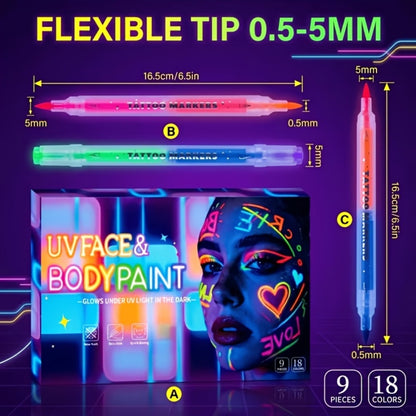 Face Body Paint Pens 18 Colors with Reusable Stencils, Washable Neon Glow in the Dark Skin-Safe Makeup Pens
