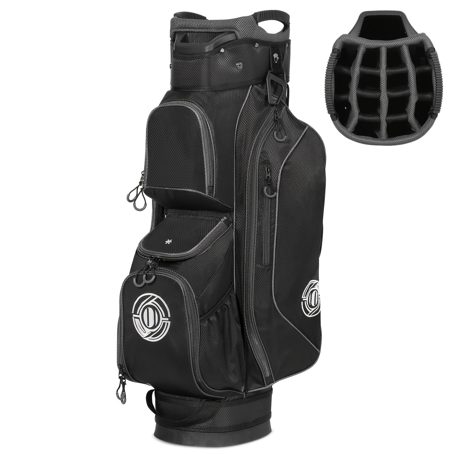Golf Cart Bag 14-Way Full Length Dividers Protect Clubs 8 Zippered Pockets Cooler Pocket Valuables Pocket Ergonomic Shoulder Straps Rain