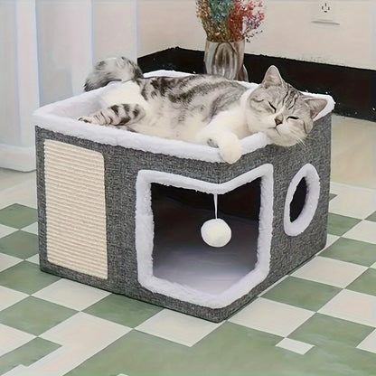 Cat House Foldable Multi-Layer 2-Tier Bed Toy Tunnel Scratching Post Plush Hanging Ball Canvas Nylon Frame All-Season Indoor Cat Cube