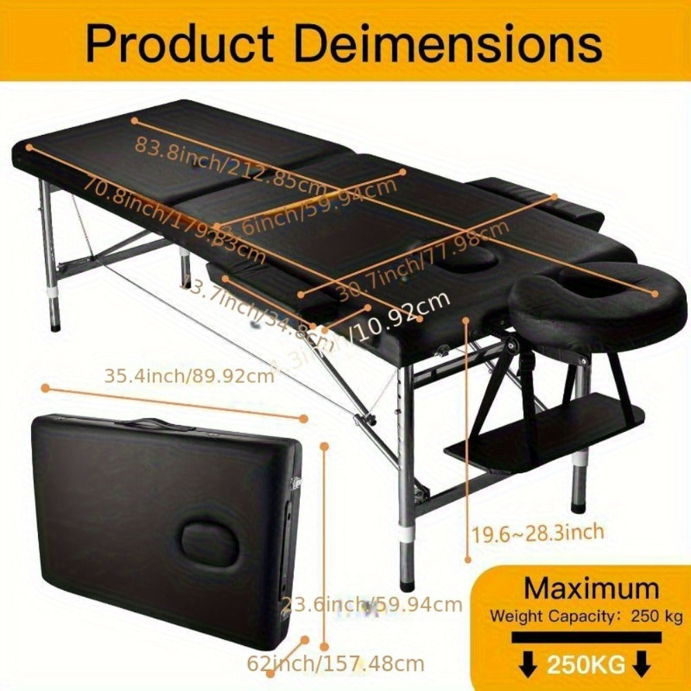Portable Massage Table Folding Aluminum Frame PU Leather Adjustable Height 3-Section Spa Bed for Lash