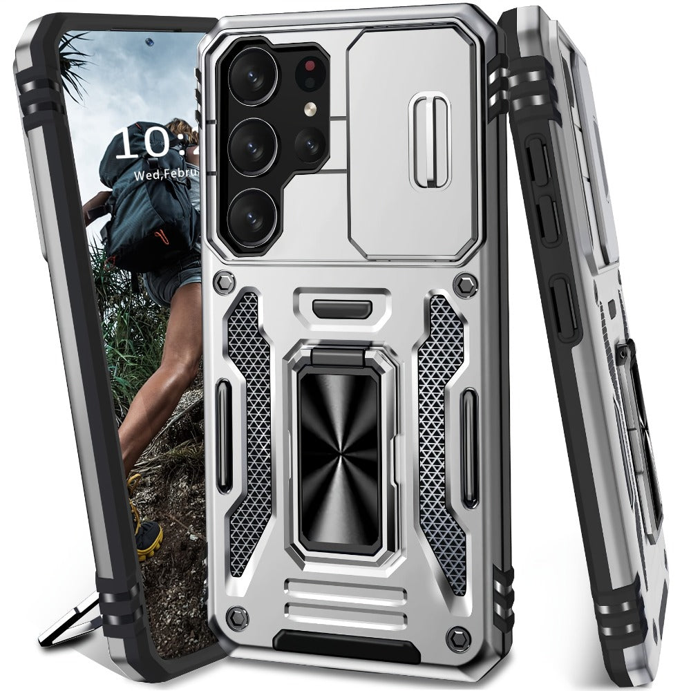 Samsung Galaxy Shockproof Magnetic Phone Case with 360° Rotating Ring Bracket & Sliding Lens Protector – Heavy Duty Cover for S24FE S23FE