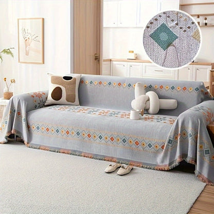 Sofa Cover Bohemian Embroidered Chenille Knit Throw with No Padding in Four Sizes and Five Colors
