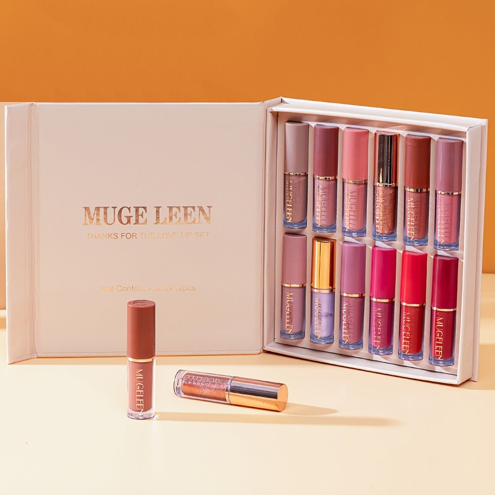 Lip Gloss Set by MUGE LEEN with 12 Mixed Nude, Pink and Red Lip Colors in a Presentation Box