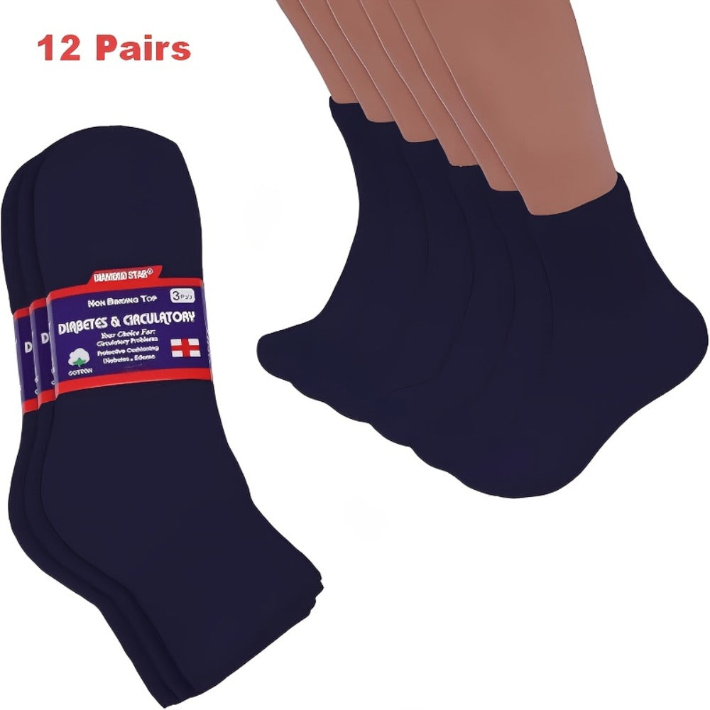 12-Pair Low-Cut Diabetic Sock Set for Adults in Six Colors with 9-11, 10-13 and 13-15 Size Options