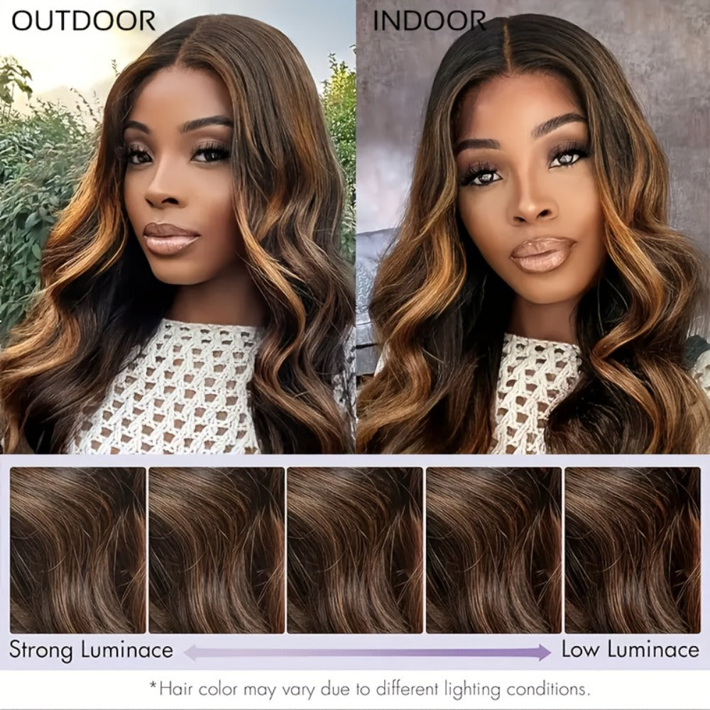 200% Density Lace Front Wig Human Hair Brown Highlights Long Wavy Pre-Plucked Glueless Heat, for Home, Travel and Salon Hair Styling
