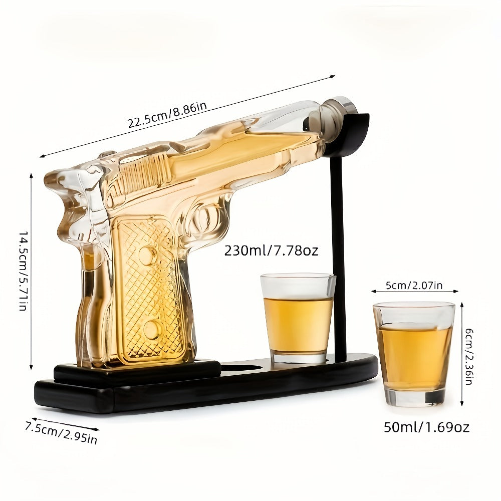 Whiskey Gun Decanter Set 10oz with 2 Bullet Shot Glasses & Wooden Stand, Handgun Shaped Liquor Decanter for Home Bar