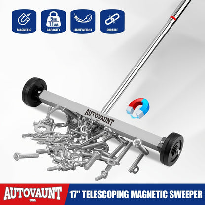 Rolling Magnetic Sweeper 17-Inch with Wheels – Heavy Duty 8.8lb Capacity Telescoping Adjustable Handle 15–38 Inch Picks Up Screws Nails Nuts