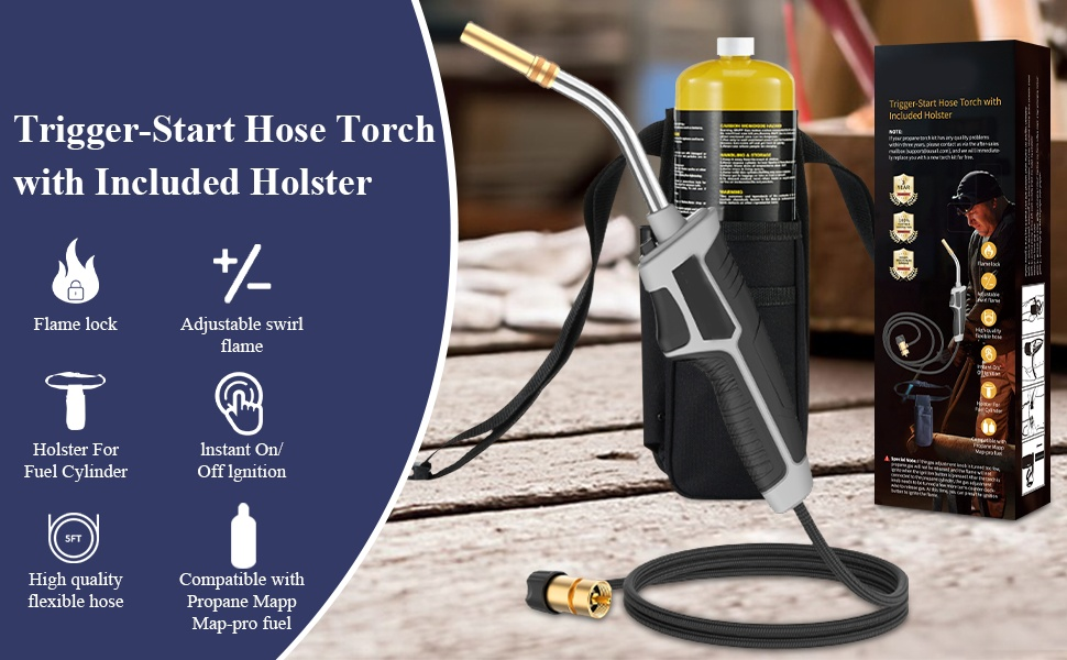 Trigger-Start Propane Torch Kit with 5 ft Hose and Holster or Cylinder Clip Configuration for Work Areas