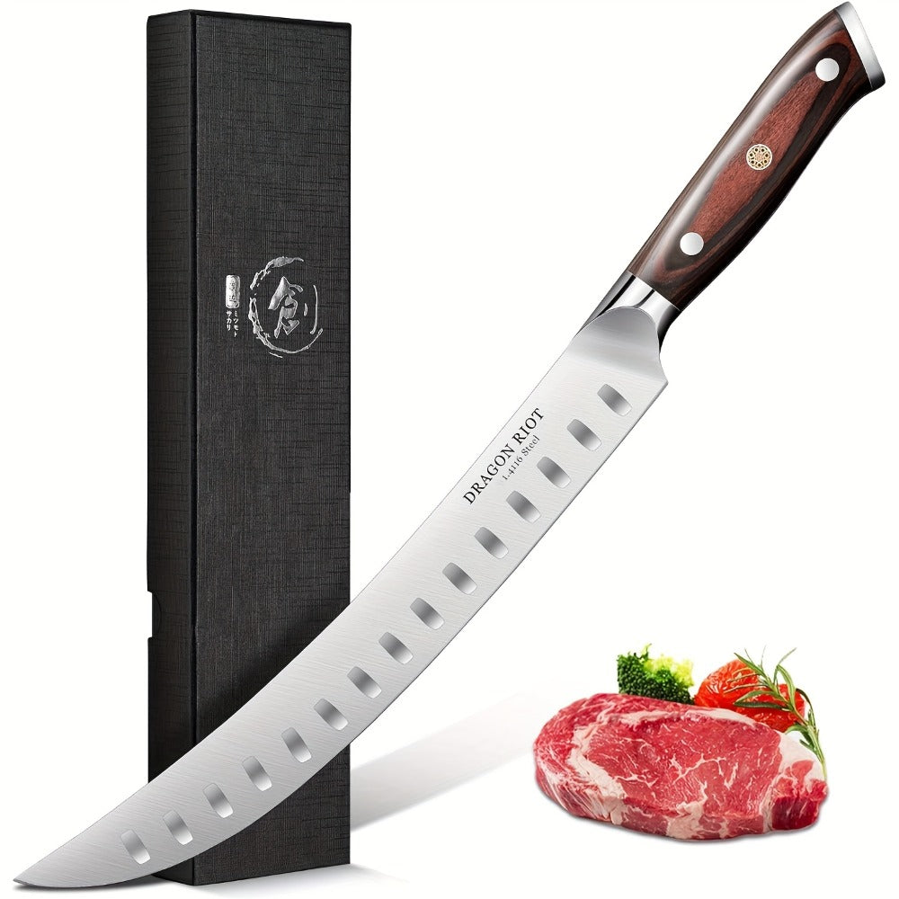 Brisket Carving Knife 10 Inch, High Carbon Steel Granton Edge Slicing Knife, Hand Forged Meat Carving Knife with Wood Handle for BBQ