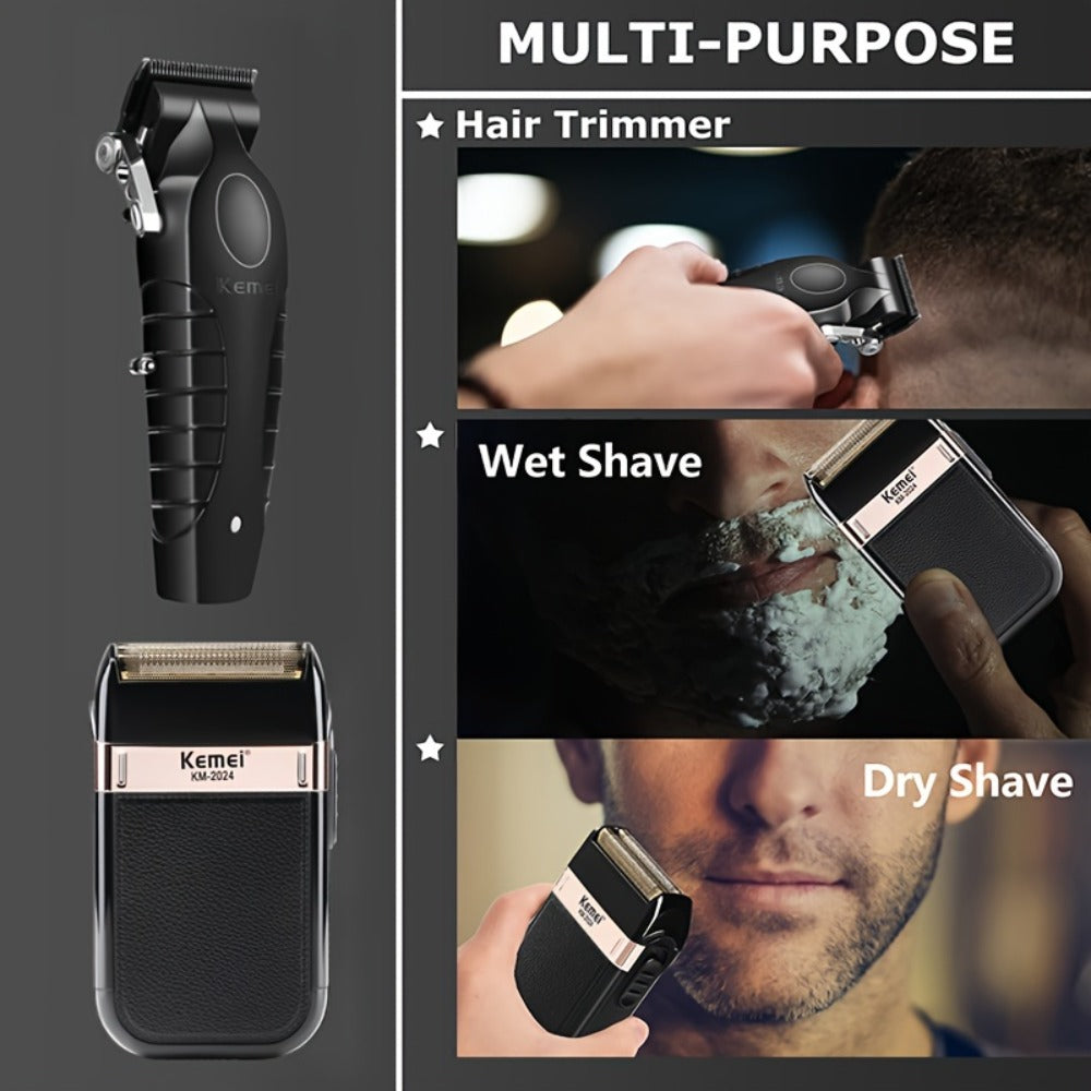 Hair Clippers & Trimmers Kemei Three-Piece Black Set with Full-Size Clipper, Detailer, Foil Shaver and Charging Base