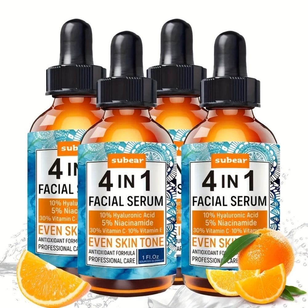 Face Serum 4-Piece Set with 30ml Hyaluronic Acid, Niacinamide, Vitamin C and Vitamin E Dropper Bottles