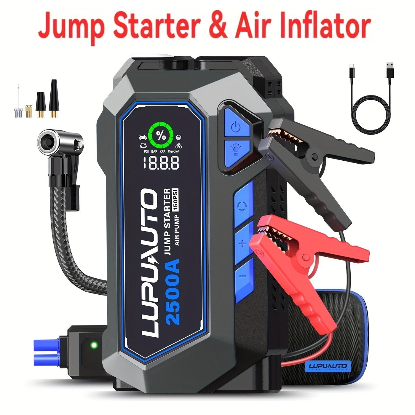 Tire Inflator with Jump Starter 150PSI Dual Cylinder 2X Faster 2500A 15000mAh Power Bank USB-C for Garden, Patio and Yard Use