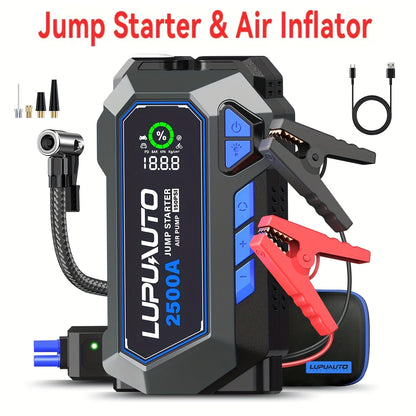Tire Inflator with Jump Starter 150PSI Dual Cylinder 2X Faster 2500A 15000mAh Power Bank USB-C for Garden, Patio and Yard Use