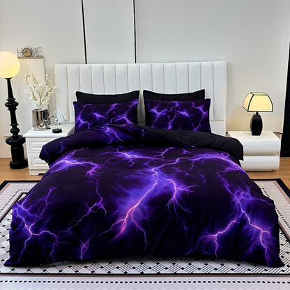 Duvet Cover Set 3 Piece Purple Lightning Digital Print – 100% Polyester Bedding Set with 2 Pillowcases, Twin Full Queen King