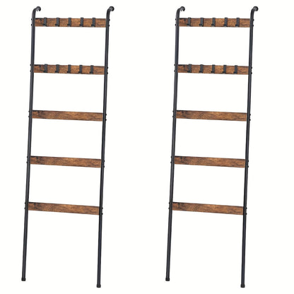Blanket Ladder 5 Tier Farmhouse Wood with 10 Removable Hooks Wall Leaning Towel Rack Quilt Holder for Living Room Bathroom Bedroom Decor
