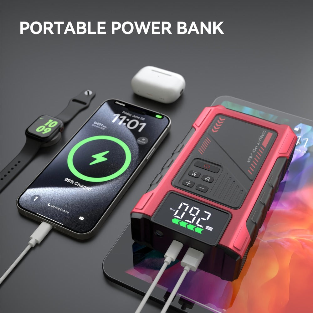 12V Jump Starter with 4000A Marking, 150 PSI-Labeled Air Compressor, Digital Pressure Display and Two Black Color Options