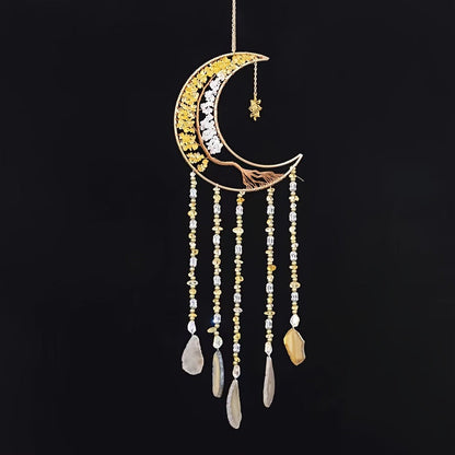 Dreamcatcher Moon Suncatcher Wall Hanging, Handmade Boho Wind Chime Pendant for Indoor Outdoor Garden