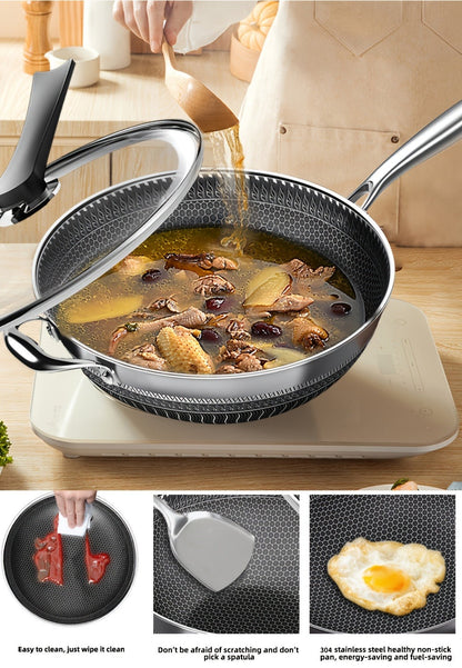 Stainless Steel Wok 13.3 Inch Honeycomb Non-Stick with Lid Spatula & Pot Brush, All Cooktop Compatible Stir Fry Pan