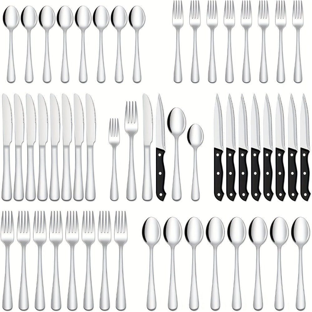 Serrated Steak Knife Dining Set with Six-Piece Place Settings, 24 or 48 Utensils in Silver or Black