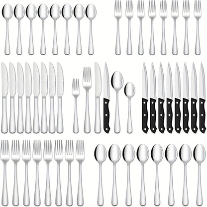 Serrated Steak Knife Dining Set with Six-Piece Place Settings, 24 or 48 Utensils in Silver or Black