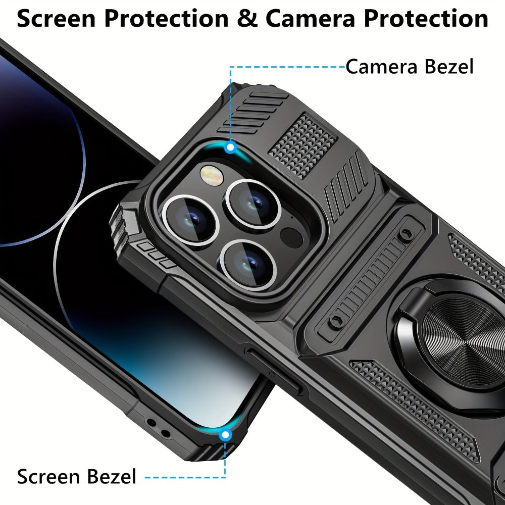 Phone Case Dual-Card Hard Shell Cover with 360-Degree Ring Kickstand for Select iPhone 14, 16 and 17 Models