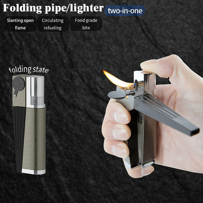 Folding Pipe Lighter Refillable 2-in-1 with Adjustable Flame, Metal-Crafted Durable Design, Gift Box Included